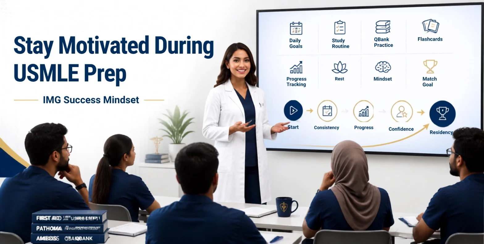 How IMGs can stay motivated during USMLE prep with a physician mentor encouraging a medical student following a structured study plan toward residency success.