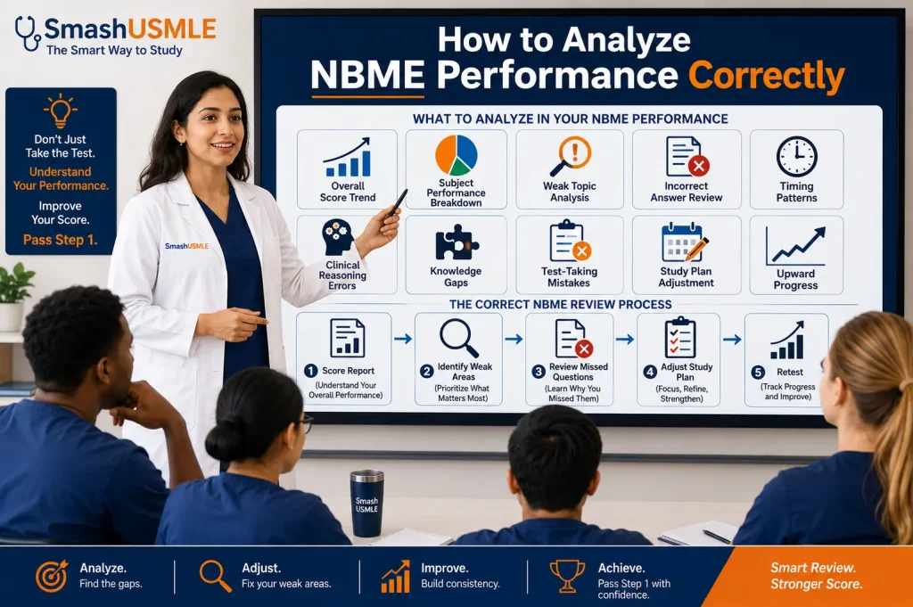 Female physician teaching medical students how to analyze NBME performance, identify weak areas, and improve their USMLE study plan.