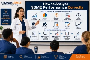 Female physician teaching medical students how to analyze NBME performance, identify weak areas, and improve their USMLE study plan.