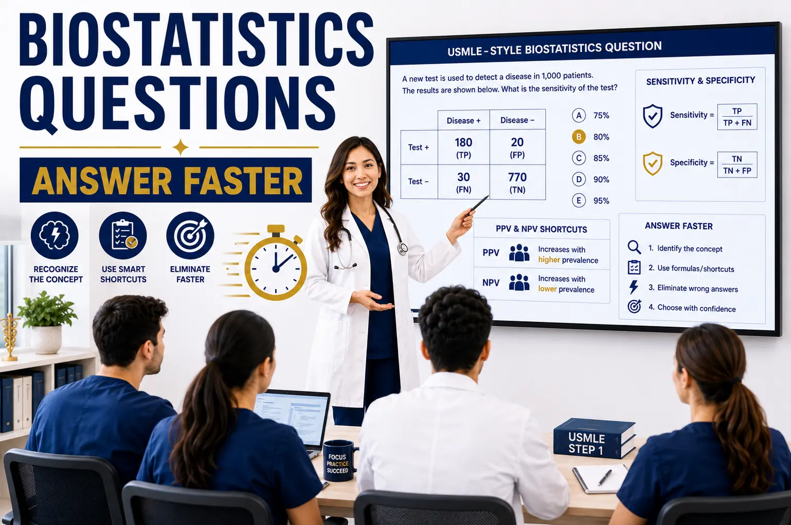 How to Answer Biostatistics Questions Faster for USMLE with physician teaching 2x2 tables, sensitivity, specificity, PPV, and NPV shortcuts.