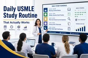 Daily USMLE study routine featuring a physician educator teaching medical students with a structured study schedule including content review, question bank practice, flashcards, and progress tracking.