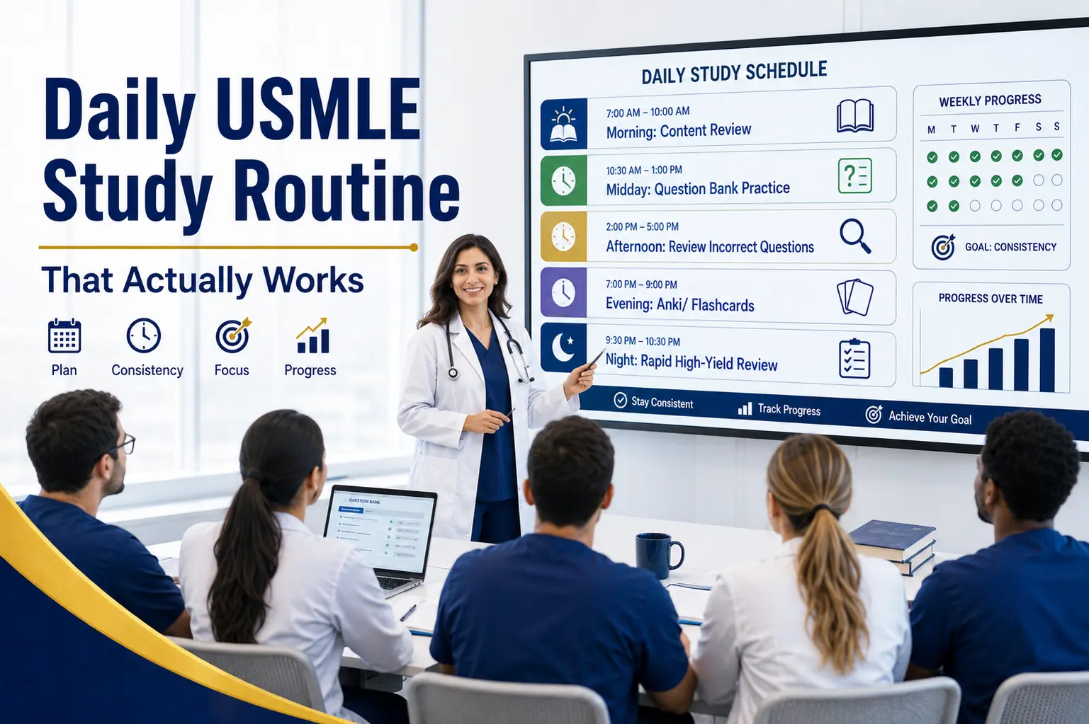 Daily USMLE study routine featuring a physician educator teaching medical students with a structured study schedule including content review, question bank practice, flashcards, and progress tracking.