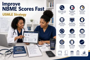 Physician mentor teaching a medical student how to improve NBME scores fast using score reports, weak-area review, and timed practice blocks.