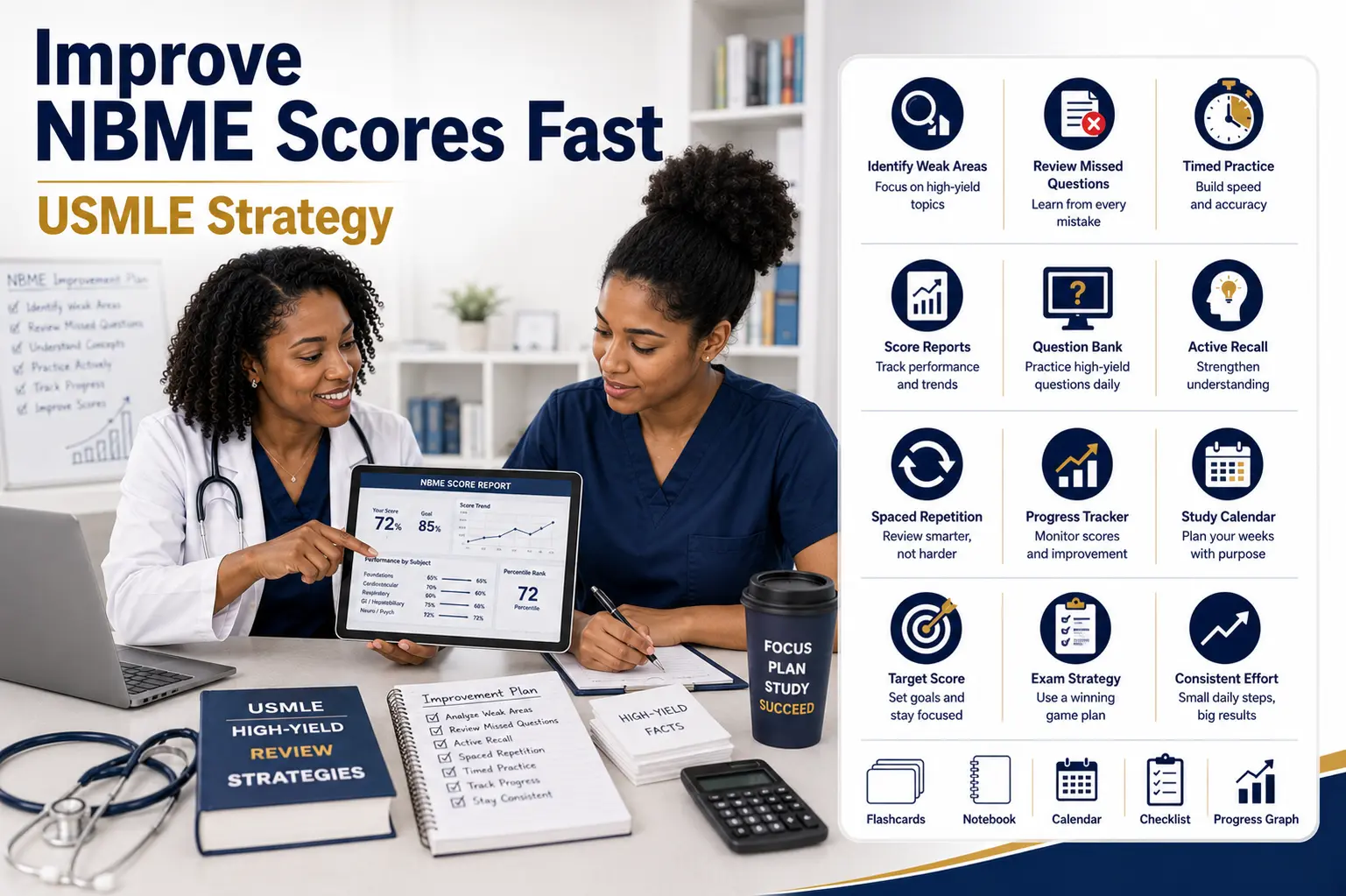 Physician mentor teaching a medical student how to improve NBME scores fast using score reports, weak-area review, and timed practice blocks.