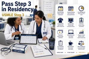 Physician mentor teaching a resident how to balance residency training with USMLE Step 3 preparation using study schedules and CCS strategies.