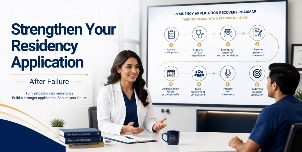Female physician mentor counseling a medical graduate on strengthening a residency application after failure with clinical experience, stronger letters, personal statement revision, interview preparation, and application improvement.