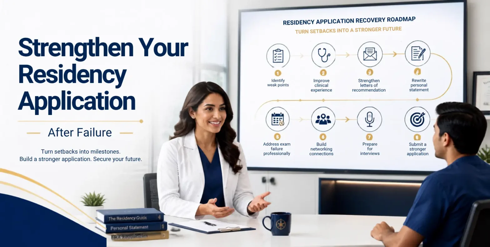 Female physician mentor counseling a medical graduate on strengthening a residency application after failure with clinical experience, stronger letters, personal statement revision, interview preparation, and application improvement.