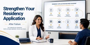 Female physician mentor counseling a medical graduate on strengthening a residency application after failure with clinical experience, stronger letters, personal statement revision, interview preparation, and application improvement.