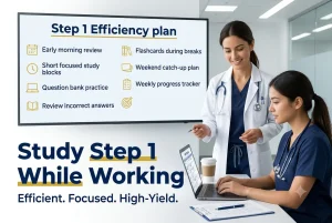 Physician educator teaching a working medical student how to study efficiently for USMLE Step 1 using focused study blocks, question bank practice, flashcards, and weekly progress tracking.