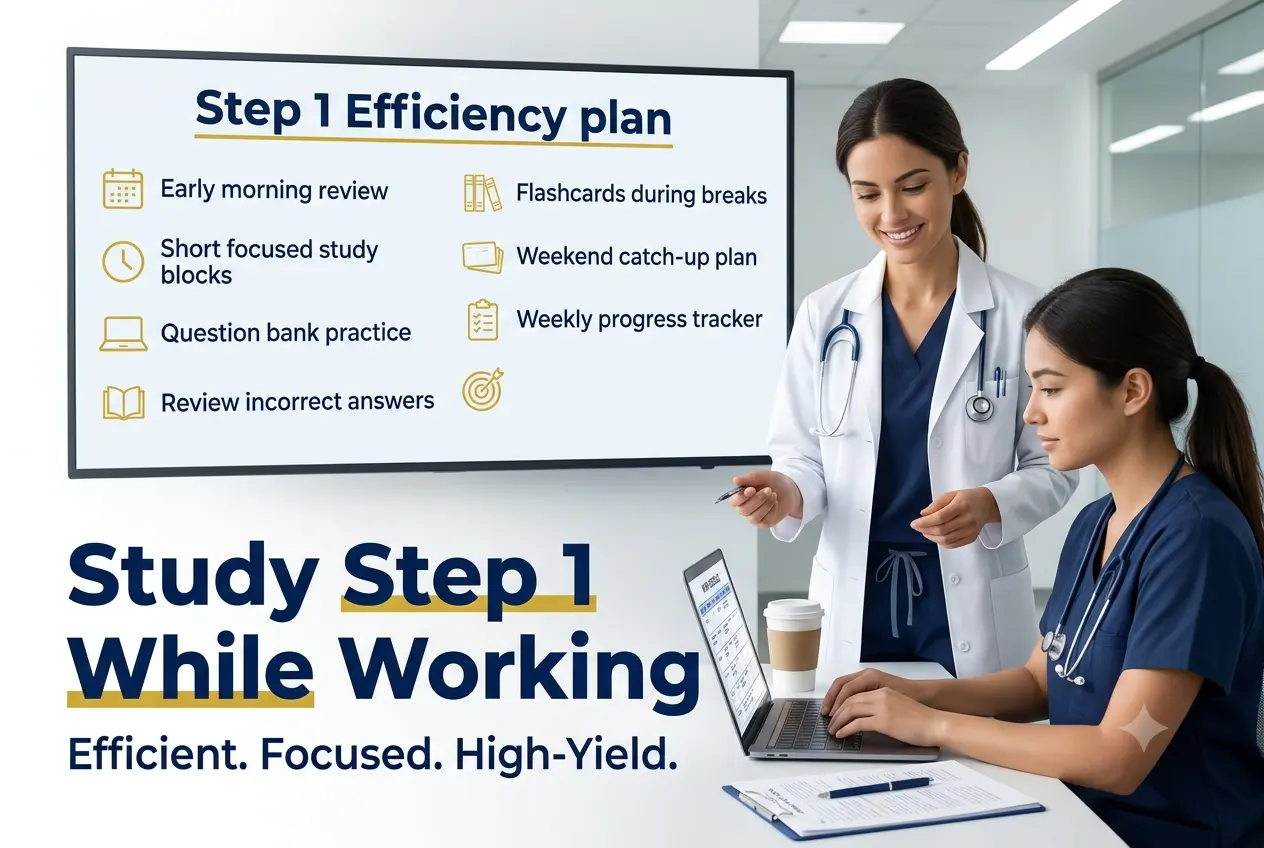 Physician educator teaching a working medical student how to study efficiently for USMLE Step 1 using focused study blocks, question bank practice, flashcards, and weekly progress tracking.