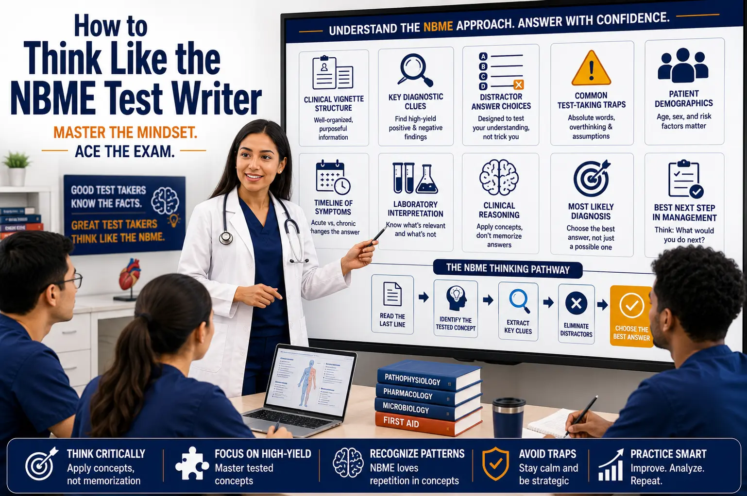How to Think Like the NBME Test Writer by identifying clinical clues, eliminating distractors, and selecting the best USMLE answer.