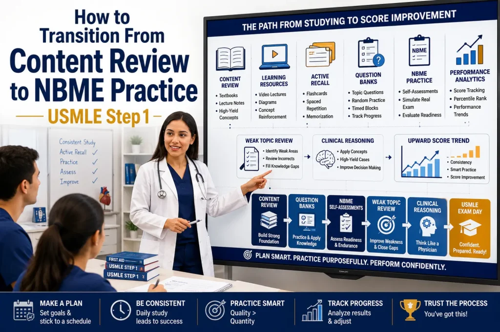 Physician teaching medical students how to transition from content review to NBME practice exams for USMLE preparation.