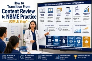 Physician teaching medical students how to transition from content review to NBME practice exams for USMLE preparation.