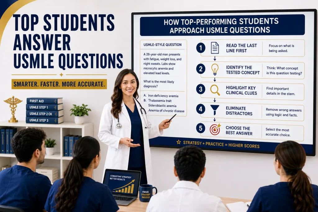 Top-performing USMLE students learning a structured question-solving strategy with clinical clues, distractor elimination, and answer selection in a modern medical classroom.
