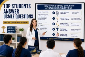 Top-performing USMLE students learning a structured question-solving strategy with clinical clues, distractor elimination, and answer selection in a modern medical classroom.