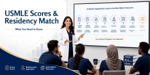 Female physician educator explaining how USMLE Step 1 and Step 2 CK scores, clinical experience, letters of recommendation, research, and interviews influence residency Match success.