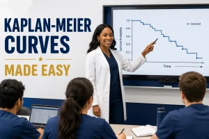 Kaplan-Meier Curves Made Easy for USMLE showing a physician teaching survival analysis and Kaplan-Meier survival curves.
