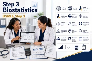 Most Common Step 3 Biostatistics Concepts for USMLE Step 3 with a physician mentor teaching a resident using formulas, graphs, and statistics icons.
