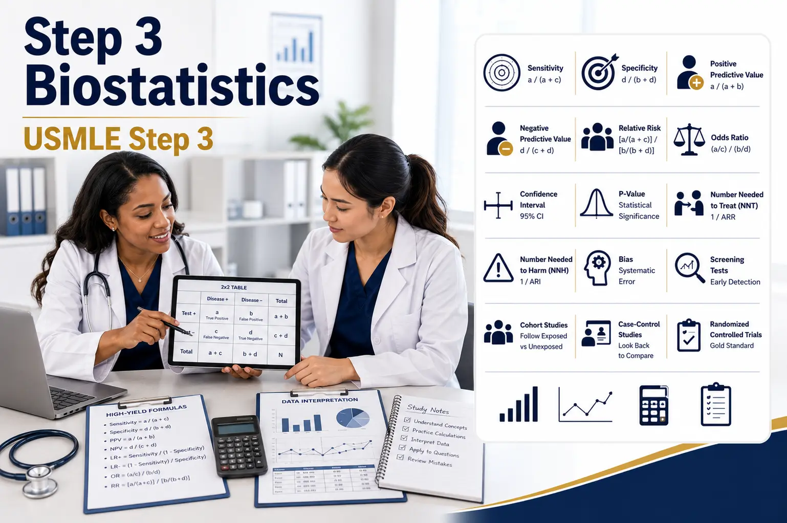 Most Common Step 3 Biostatistics Concepts for USMLE Step 3 with a physician mentor teaching a resident using formulas, graphs, and statistics icons.