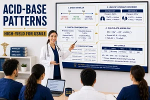 Pattern Recognition in Acid-Base Disorders showing a physician teaching ABG interpretation, pH, PaCO2, bicarbonate, anion gap, and metabolic versus respiratory disorders.