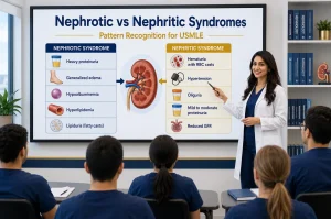 Pattern Recognition for Nephrotic vs Nephritic Syndromes featuring a physician teaching medical students the key clinical differences between nephrotic and nephritic syndromes using a side-by-side comparison for USMLE review.
