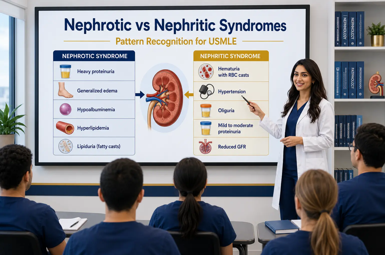 Pattern Recognition for Nephrotic vs Nephritic Syndromes featuring a physician teaching medical students the key clinical differences between nephrotic and nephritic syndromes using a side-by-side comparison for USMLE review.