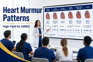 Pattern Recognition for Heart Murmurs showing a physician teaching common heart murmur patterns, auscultation findings, and high-yield USMLE cardiology concepts.