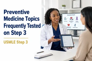 Preventive medicine physician counseling an adult patient during a routine primary care visit highlighting vaccinations, health screening, and preventive care for USMLE Step 3.