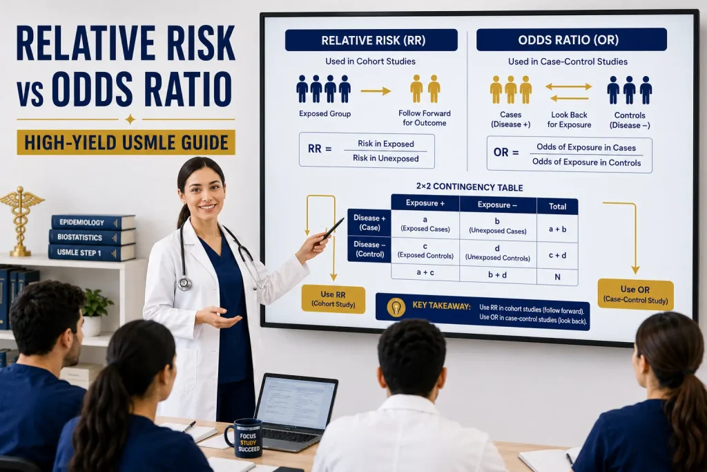Relative Risk vs Odds Ratio for USMLE featuring a physician teaching the differences between relative risk and odds ratio using a cohort study, case-control study, and a simple 2×2 table.