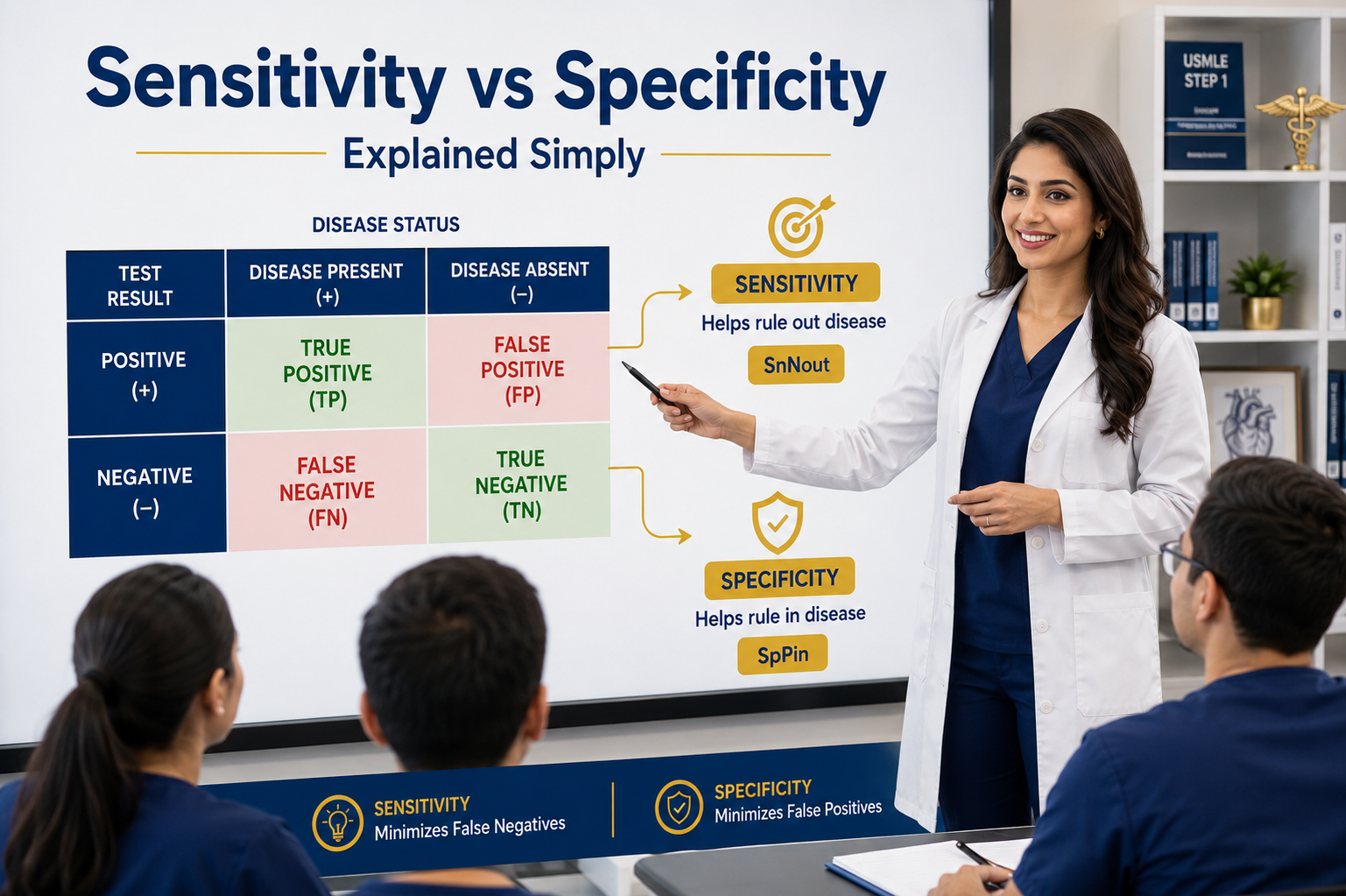 Sensitivity vs Specificity Explained Simply featuring a physician teaching diagnostic test accuracy with a 2×2 table, true positives, false positives, and the SnNout and SpPin memory aids for USMLE preparation.