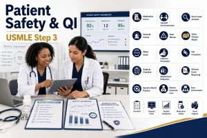Step 3 Patient Safety and Quality Improvement Topics featuring a physician mentor teaching a resident with safety checklist and quality improvement icons.