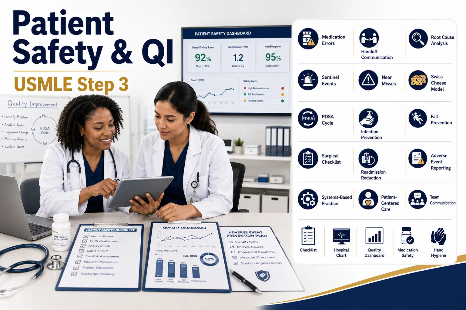 Step 3 Patient Safety and Quality Improvement Topics featuring a physician mentor teaching a resident with safety checklist and quality improvement icons.