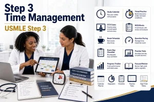 Step 3 Time Management Strategies for USMLE Step 3 featuring a physician mentor teaching a resident with time-management icons.