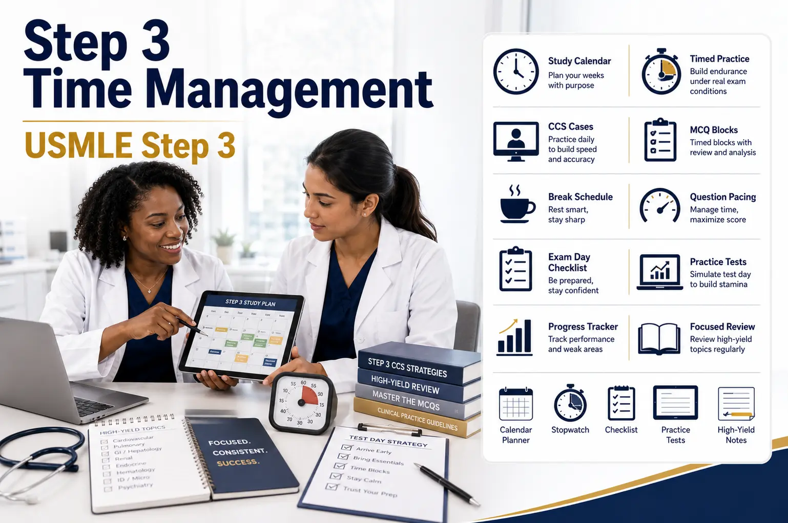 Step 3 Time Management Strategies for USMLE Step 3 featuring a physician mentor teaching a resident with time-management icons.