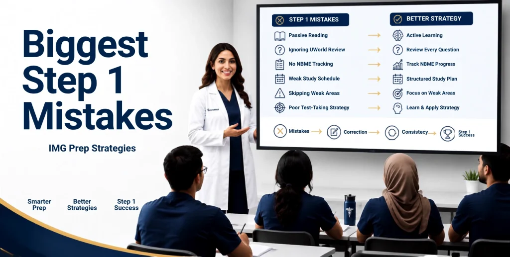 The Biggest Mistakes IMGs Make During Step 1 Preparation with physician educator teaching international medical graduates how to avoid common USMLE Step 1 study mistakes