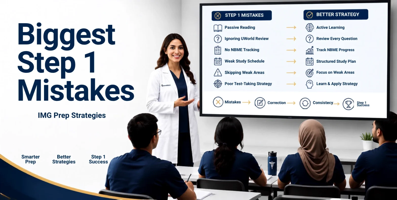 The Biggest Mistakes IMGs Make During Step 1 Preparation with physician educator teaching international medical graduates how to avoid common USMLE Step 1 study mistakes