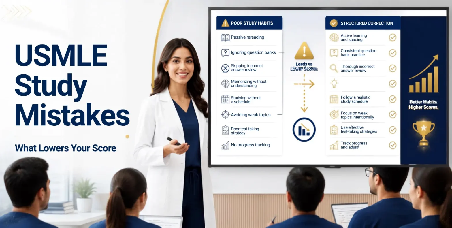 Physician educator teaching medical students how common USMLE study mistakes like passive rereading, skipping question banks, and poor review habits can lower exam scores.