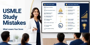 Physician educator teaching medical students how common USMLE study mistakes like passive rereading, skipping question banks, and poor review habits can lower exam scores.