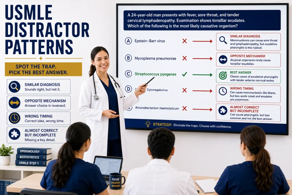 The Most Common USMLE Distractor Patterns featuring a physician teaching medical students how to identify common wrong-answer traps, eliminate distractors, and select the correct answer on USMLE exams.