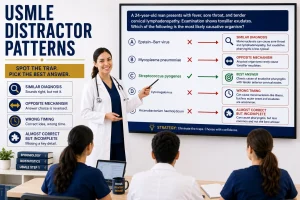 The Most Common USMLE Distractor Patterns featuring a physician teaching medical students how to identify common wrong-answer traps, eliminate distractors, and select the correct answer on USMLE exams.