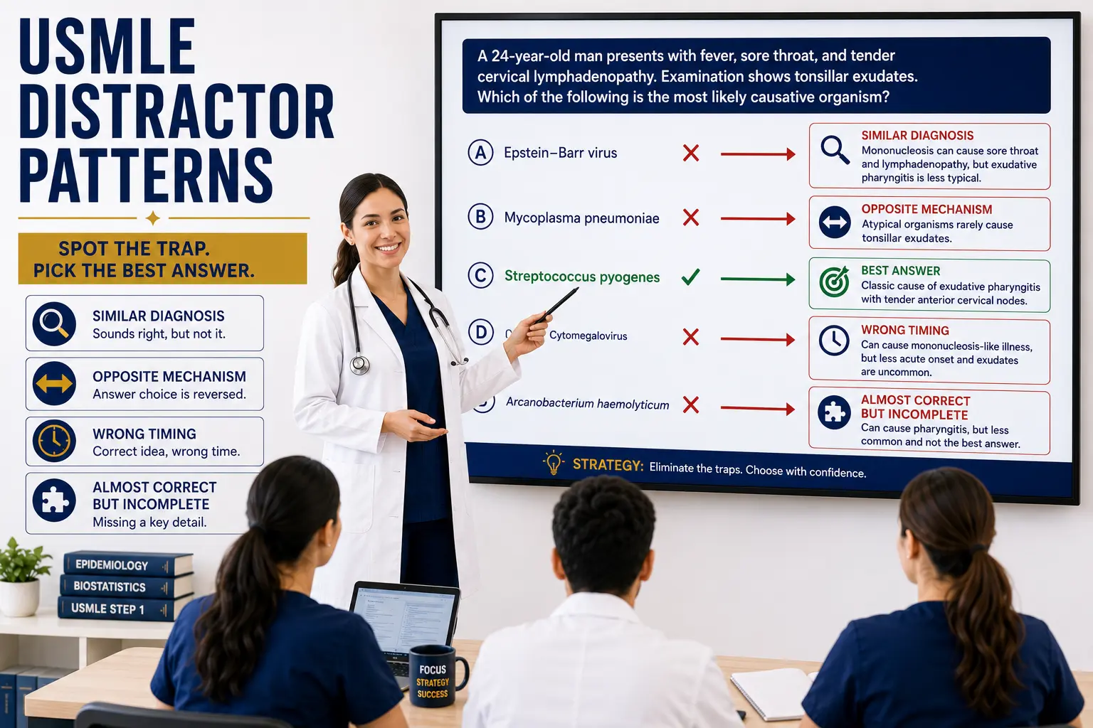 The Most Common USMLE Distractor Patterns featuring a physician teaching medical students how to identify common wrong-answer traps, eliminate distractors, and select the correct answer on USMLE exams.