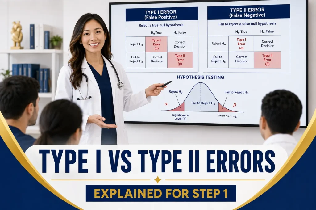 Type I vs Type II Errors Explained for Step 1 with physician teaching false positive and false negative concepts in USMLE biostatistics.