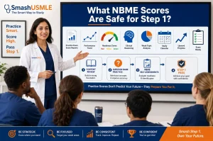 Female physician explaining how NBME practice exam scores help determine readiness for the USMLE Step 1 exam.